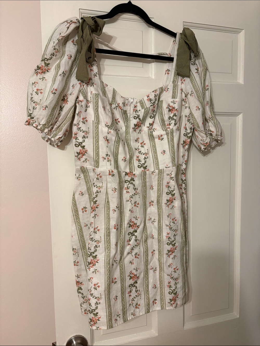 Reformation White Linen Floral Mini Dress with Green Stripes